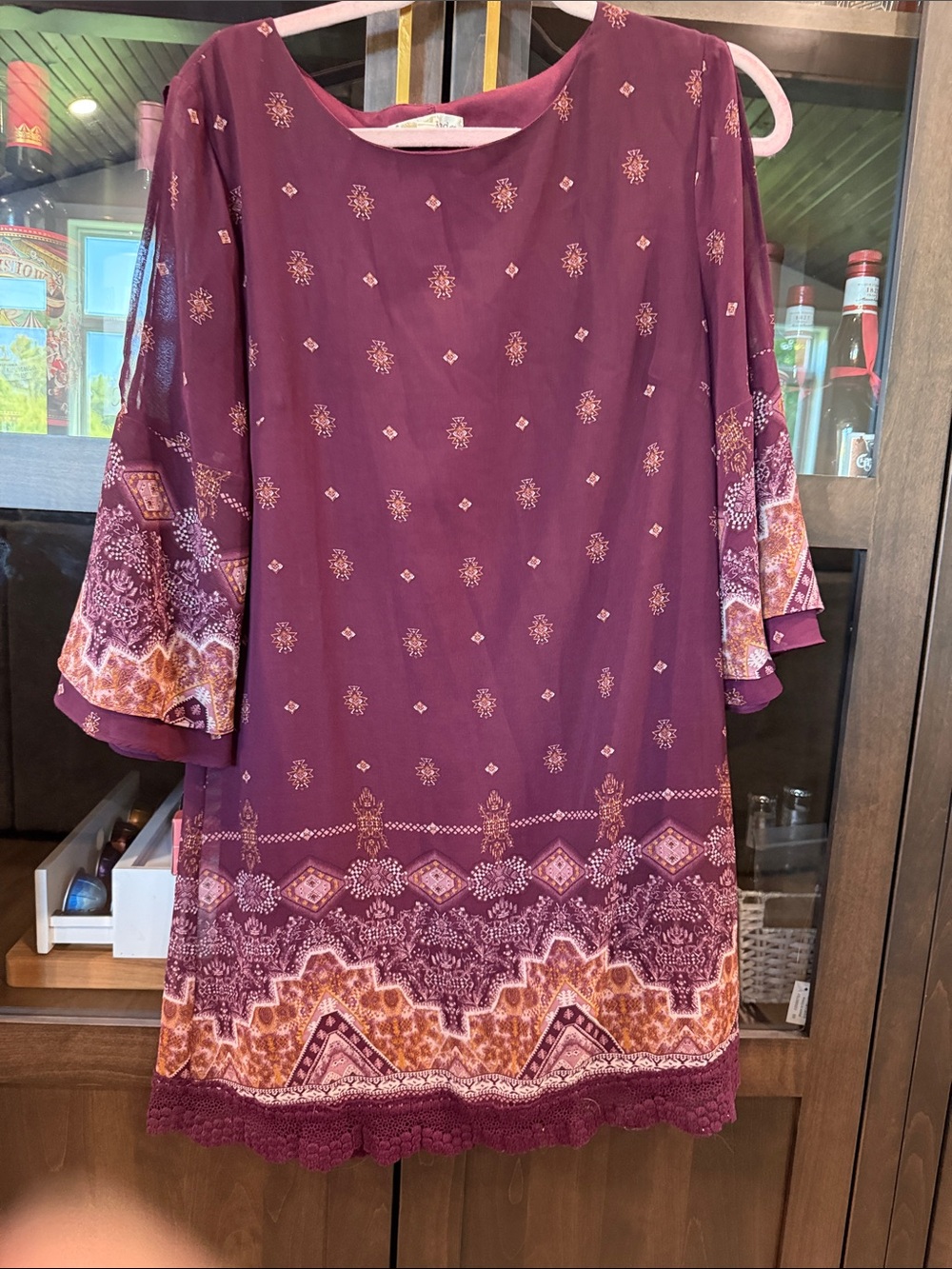 Rewind Wine Plum Boho Border-Print Long Sleeve Dress